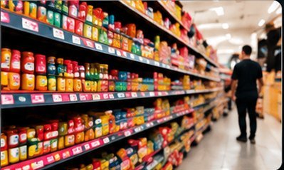 Packed supermarket shelves